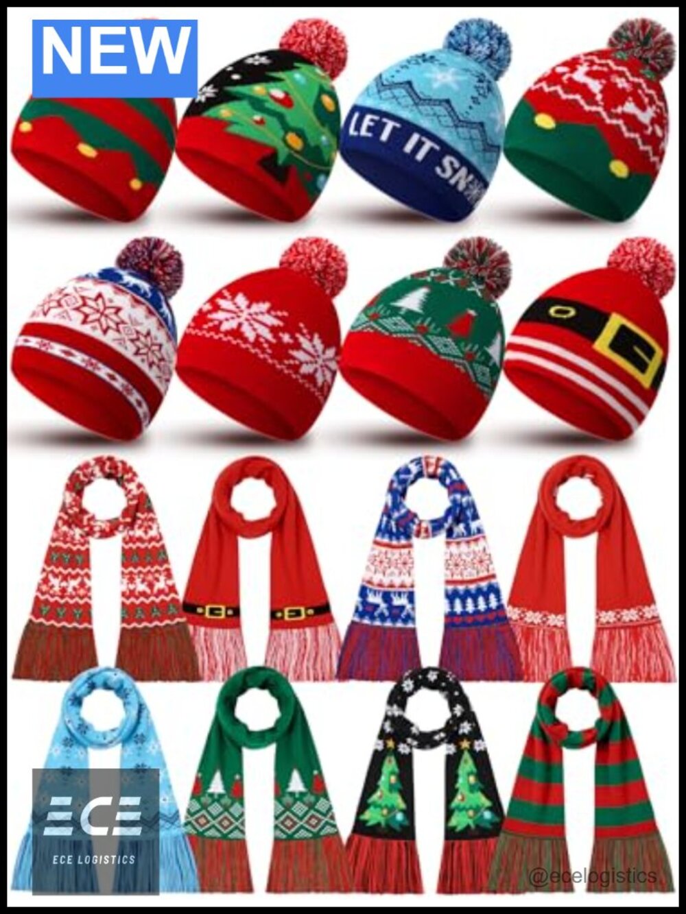 16 Pc Christmas Knitted Beanie Scarf Set Adults Teens Acrylic Winter Warm